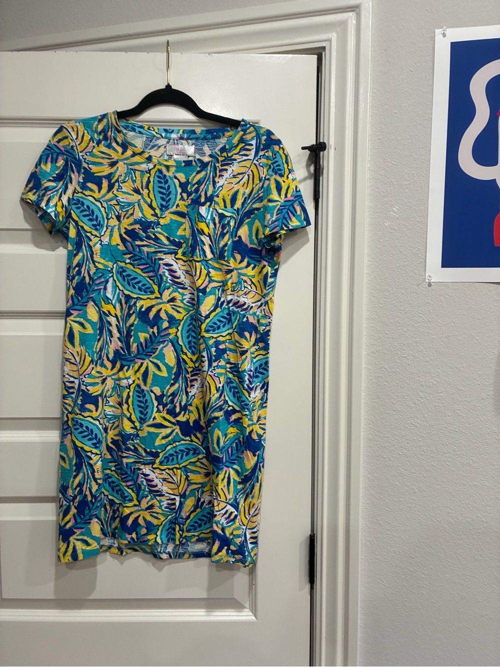 Tropical Leaf Print Short Sleeve Mini Dress - Teal & Yellow